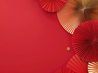 Chinese New Year background with red and gold paper fans on the right side and space for text in the center. Flat lay in a vibrant red palette, perfect for festive designs