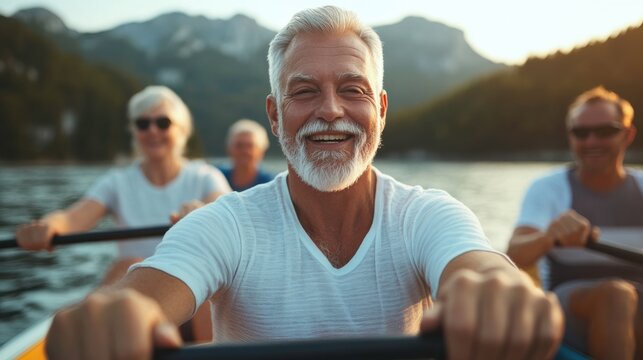 Seniors Enjoying Rowing Activity on Scenic Lake - Powered by Adobe