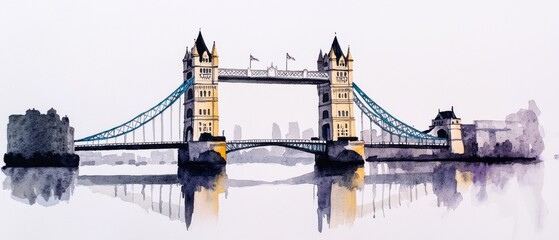 Naklejka premium London Tower Bridge Watercolor Painting UK Landmark Thames River Art
