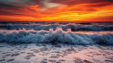 Fototapeta premium Beautiful ocean waves crash onto the shore beneath a breathtaking sunset painting the sky with vibrant colors. A serene and tranquil nature scene evoking a sense of peace, freedom, and inspiration