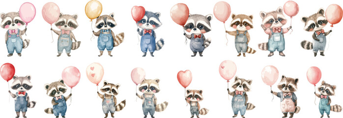 cute racoon holding balloon for valentine watercolor clipart © dian's