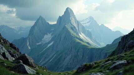 Majestic Mountain Range Under a Cloudy Sky, Showing Verdant Slopes and Rugged Peaks