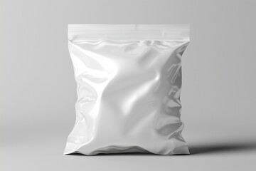 Minimal mylar chip bag, sleek white design, grey surface.