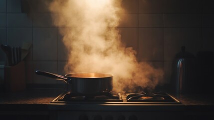 Kitchen stove with cooking pot and fog