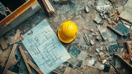 Construction Site: Blueprint, Yellow Hard Hat, and Debris in Industrial Setting