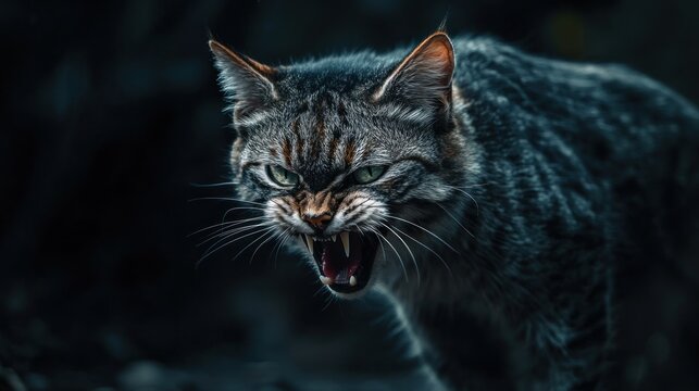 Close-up of a snarling grey tabby cat with intense green eyes, set against a dark background.