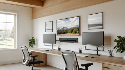Fototapeta premium Modern office with dual monitors, minimalist decor, and natural light