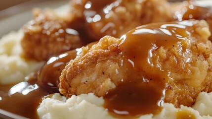 Crispy Fried Chicken with Gravy Served on Creamy Mashed Potatoes Close Up Shot