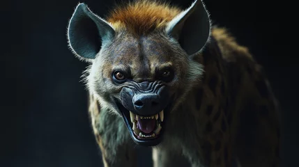 Gordijnen Close-up of a snarling hyena with bared teeth against a dark background. © SlashStd