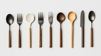 Minimal cutlery set in wood and metal, geometric white layout.