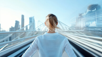 woman stands on bridge overlooking modern city skyline, with digital data overlays