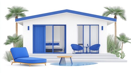 Modern Tropical Bungalow with Poolside Lounging Area and Blue Accents