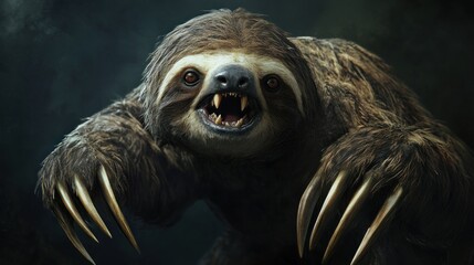 Close-up of a three-toed sloth baring its teeth.