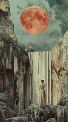 Surreal Landscape: Woman Contemplates a Blood Moon