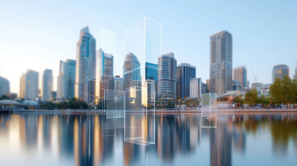 Fototapeta premium Futuristic city skyline with digital network overlay reflecting on water