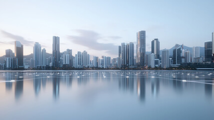 Naklejka premium serene city skyline reflecting on calm waters, showcasing modern architecture and interconnected networks