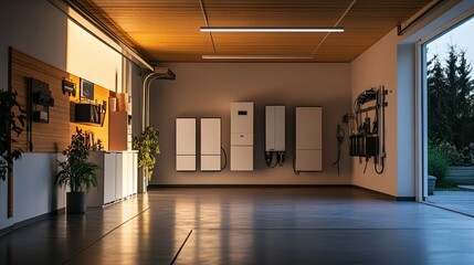 Fototapeta premium Garage Home Energy System: Serene Evening Illumination