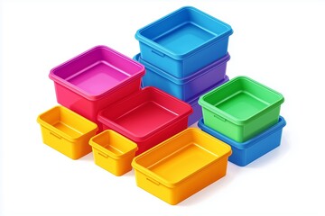 Isometric view of colorful plastic containers, minimalist.
