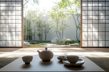 Serene japanese tea ceremony with teapot surrounded by lush garden indoor viewpoint tranquil atmosphere cultural exploration of tea traditions