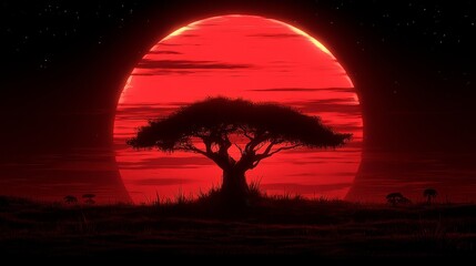 Solitary acacia tree silhouetted against a vibrant crimson moon and starlit night sky