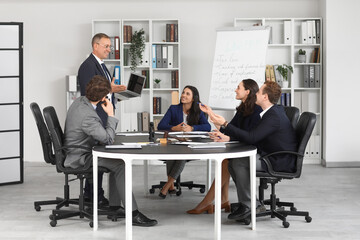 Male lawyer with laptop and colleagues working in office