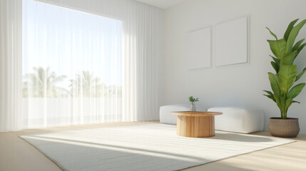 Minimalist interior design with natural light, plants, and soft furnishings