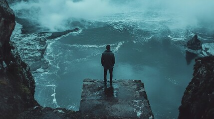Obraz premium Contemplation at the Cliffside: A Man Gazes Upon the Vast Ocean