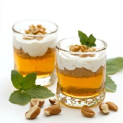 Creamy dessert with layers of honey, nuts, and mint garnished in glass cups on a white background