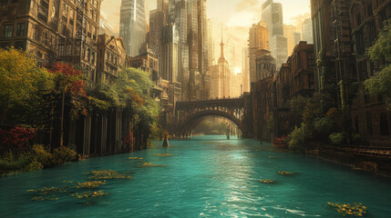 A serene post-apocalyptic city flooded in turquoise waters, surrounded by vibrant wildflowers and early-spring growth, ethereal fog blending with the soft golden hour lighting