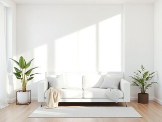 Minimalist cozy living room with white sofa and indoor plant bathed in natural light, exuding a serene and calming ambiance, minimalist, indoor plant