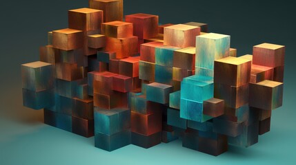 Abstract 3D Wooden Cube Composition: A Multicolored Cluster of Interlocking Blocks