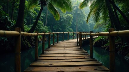 Serene Wooden Pathway Winding Through Lush Tropical Foliage, Across a Still, Dark Waterway