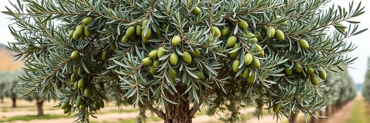 Mature farmer carefully inspecting olives on tree in a sunny grove, nature, cultivation