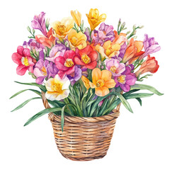 A watercolor vector of a Freesia bouquet in a basket, isolated on a white background. Freesia vector.
