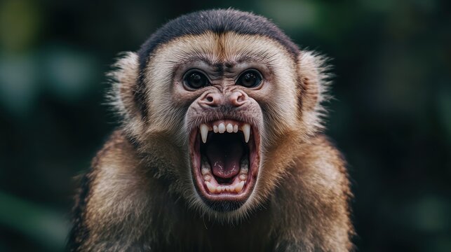 Close-up of an angry monkey baring its teeth.