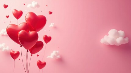 Romantic Red Heart Balloons Ascending Amidst Fluffy Clouds on a Pastel Pink Background