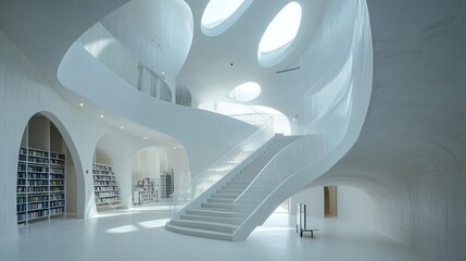 Modern Library Interior: White Concrete Architecture