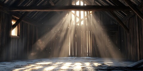 Serene Interior of a Cozy Barn Bathed in Warm Sunlight Streaming Through the Doors