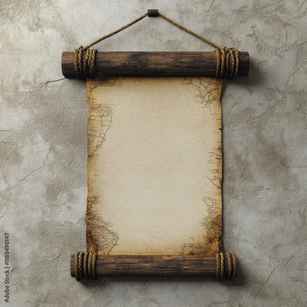 Aufkleber Ancient Map Scroll Hanging On Rough Wall
