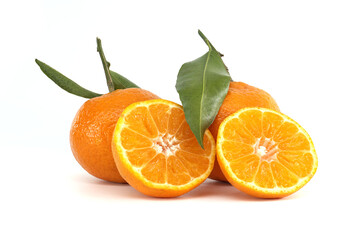 Close-Up of Fresh Tangerines with Green Leaves on White Background