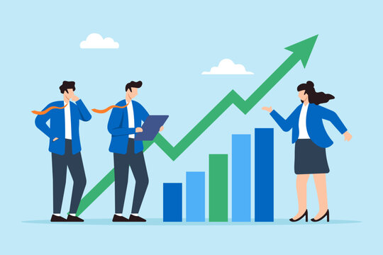 Flat illustration of business team look at rising arrow graph symbolizing business growth and sales increase