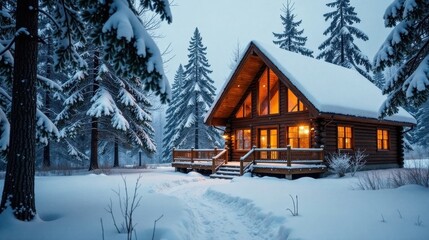A cozy log cabin nestled amidst a snow-covered winter forest, illuminated from within, creating a tranquil and inviting atmosphere.