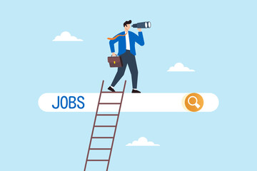 Flat illustration of businessman climb up ladder to job search bar with binocular on sky seeking new employment opportunity
