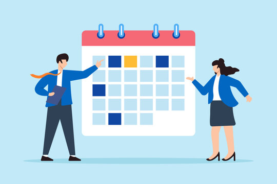 Flat illustration of businessman and businesswoman work together on calendar planner to schedule and organize team meetings