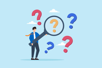 Flat illustration of businessman hold magnifying glass analyzing question mark to investigate and solve problem