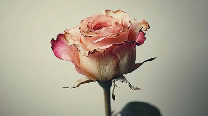 A wilted pink rose against a soft off-white background, perfect for conveying themes of melancholy, loss, or reflection for Sympathy cards, memorials, or autumn events.