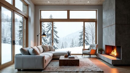 Cozy Winter Living Room with Expansive Window Views and a Warm Fireplace