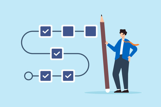 Flat illustration of project manager hold large pencil to check completed task tracking progress in project timeline