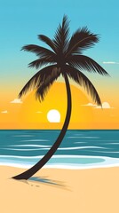Obraz premium Solitary Palm Tree Silhouetted Against a Vibrant Sunset Over a Calm Ocean