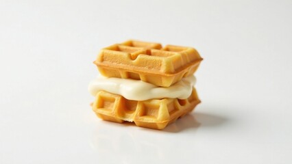 A delightful miniature waffle creation, featuring two golden-brown waffles layered with a creamy, dreamy filling, presented on a pristine white surface